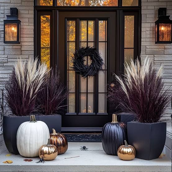 Fall porch display with white, black and metallic pumpkins, tall grasses and a dark wreath