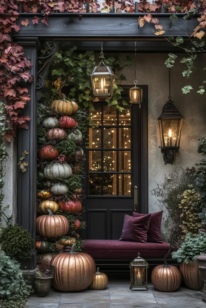 Harvest porch styling with stacked metallic pumpkins, lanterns, autumn foliage and a burgundy bench