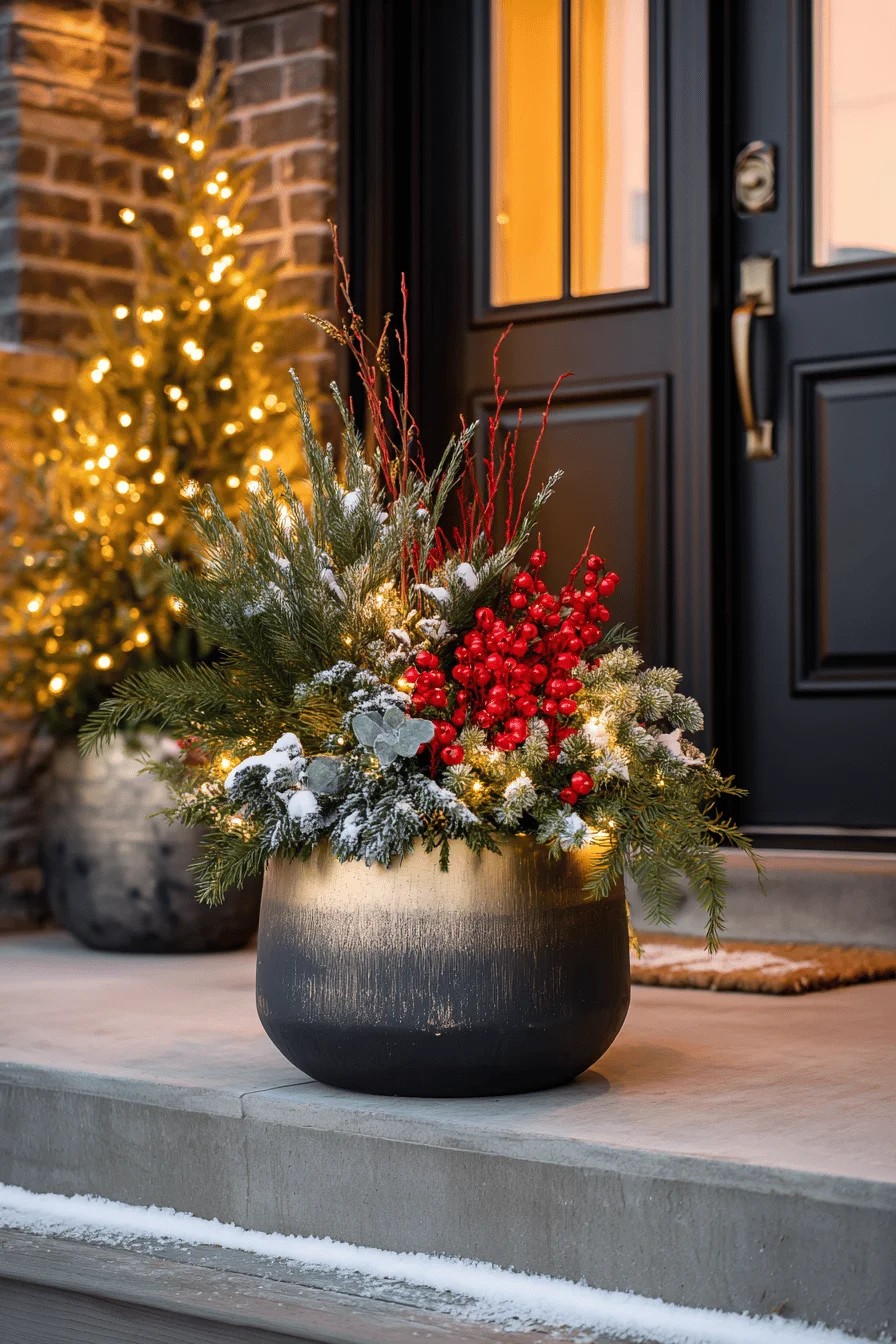 Winter porch planter with evergreen branches, red berries and warm lights beside a black front door